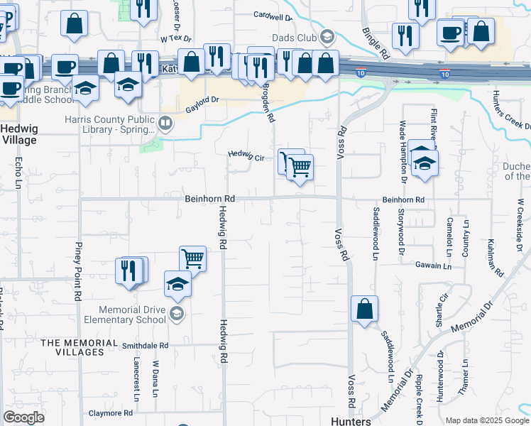 map of restaurants, bars, coffee shops, grocery stores, and more near 3 Sleepy Oaks Circle in Houston