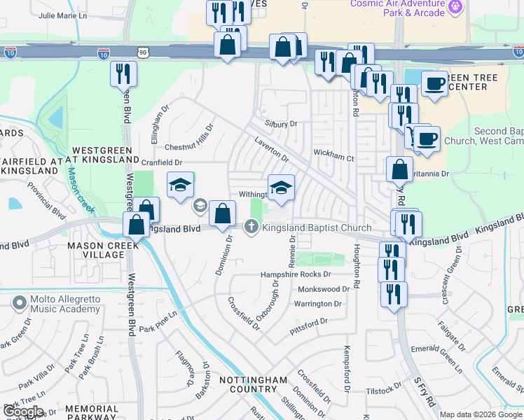 map of restaurants, bars, coffee shops, grocery stores, and more near 20500 Kingsland Boulevard in Katy
