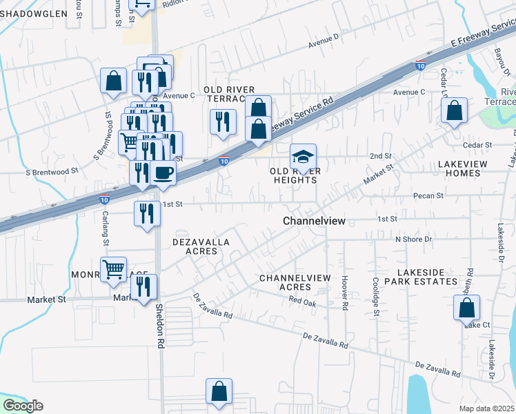 map of restaurants, bars, coffee shops, grocery stores, and more near 16020 1st Street in Channelview