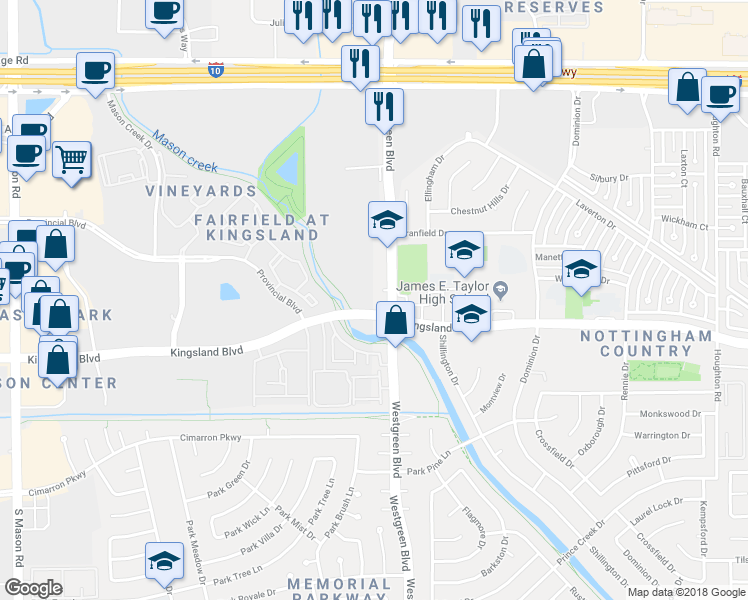 map of restaurants, bars, coffee shops, grocery stores, and more near 750 Westgreen Boulevard in Katy