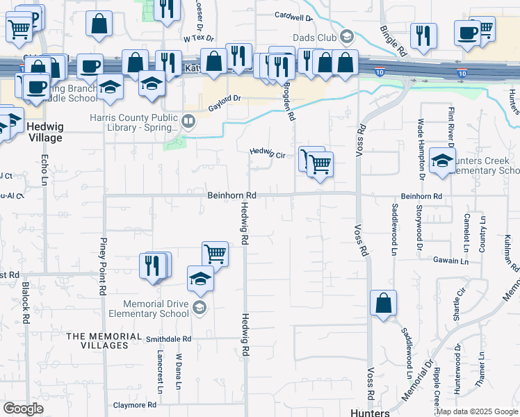 map of restaurants, bars, coffee shops, grocery stores, and more near 10951 Beinhorn Road in Houston