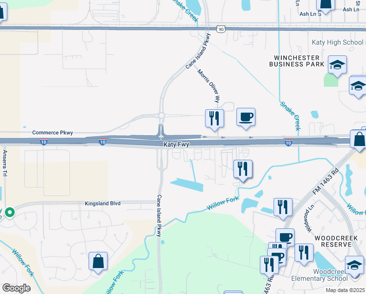 map of restaurants, bars, coffee shops, grocery stores, and more near 27713 Interstate 10 Frontage Road in Katy