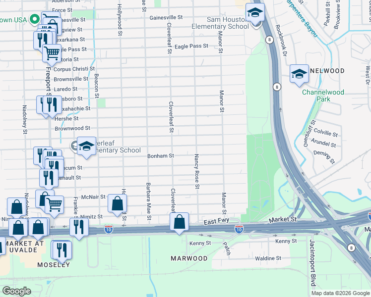 map of restaurants, bars, coffee shops, grocery stores, and more near 14439 Bonham Street in Houston