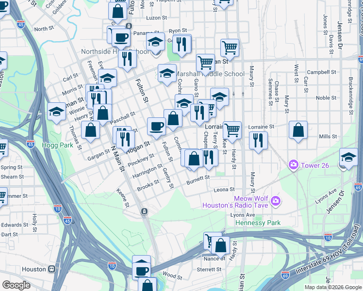 map of restaurants, bars, coffee shops, grocery stores, and more near 1719 Common Street in Houston