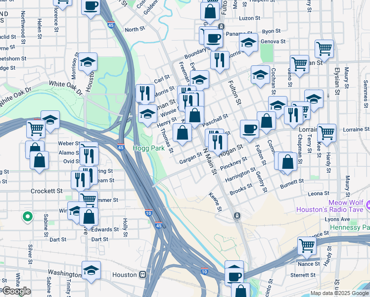map of restaurants, bars, coffee shops, grocery stores, and more near 402 James in Houston