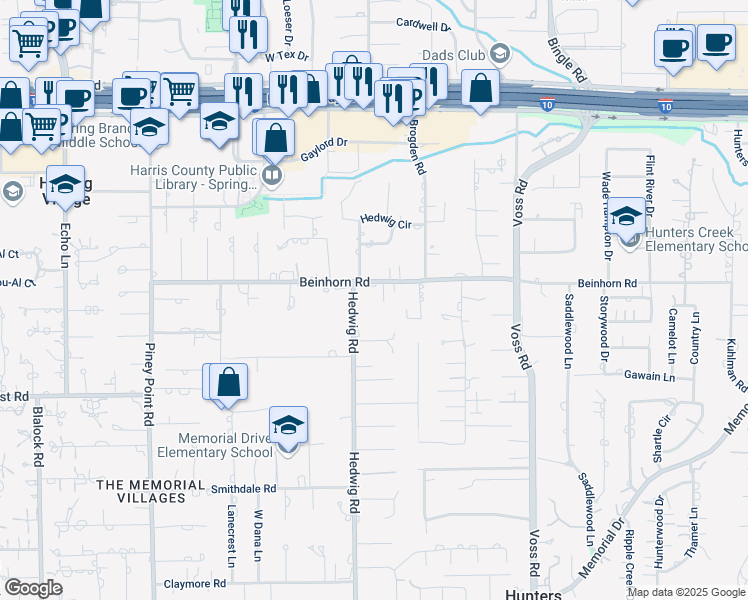 map of restaurants, bars, coffee shops, grocery stores, and more near 10951 Beinhorn Road in Houston