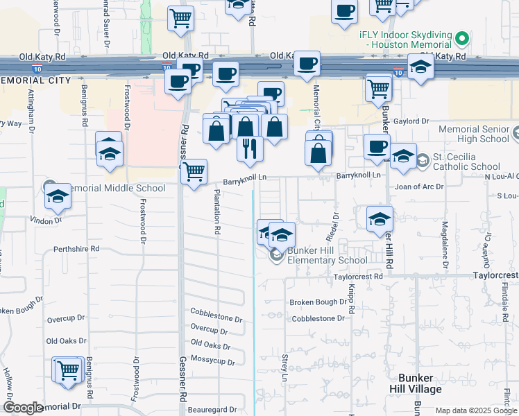 map of restaurants, bars, coffee shops, grocery stores, and more near 675 Bettina Court in Houston