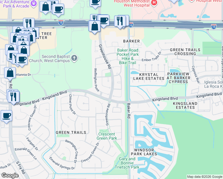 map of restaurants, bars, coffee shops, grocery stores, and more near 723 Wellington Point in Houston