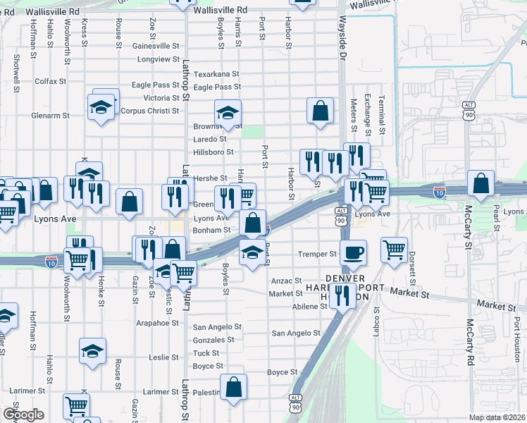 map of restaurants, bars, coffee shops, grocery stores, and more near 7237 Lyons Avenue in Houston