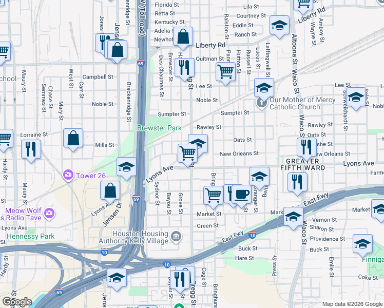 map of restaurants, bars, coffee shops, grocery stores, and more near 1790 Gregg Street in Houston