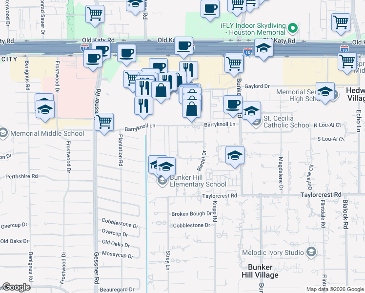 map of restaurants, bars, coffee shops, grocery stores, and more near 11930 Kimberley Lane in Houston