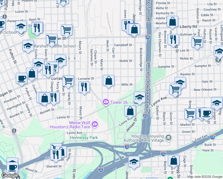 map of restaurants, bars, coffee shops, grocery stores, and more near 2310 Harrington Street in Houston