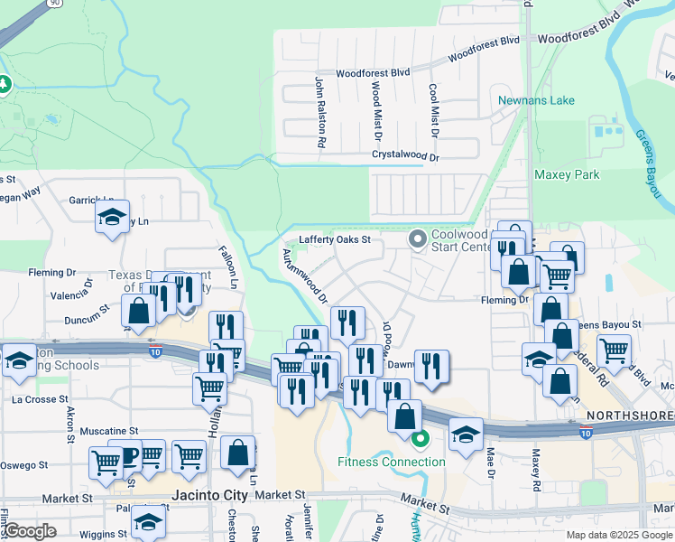 map of restaurants, bars, coffee shops, grocery stores, and more near 11627 Wood Shadows Drive in Houston