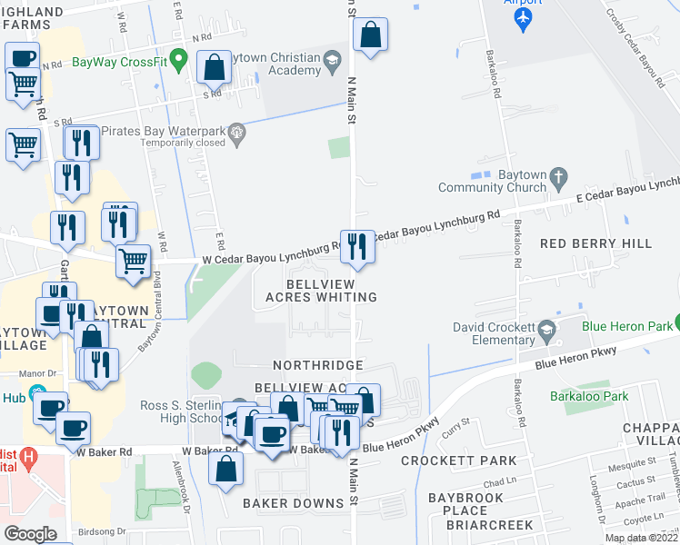 map of restaurants, bars, coffee shops, grocery stores, and more near 4823 North Main Street in Baytown