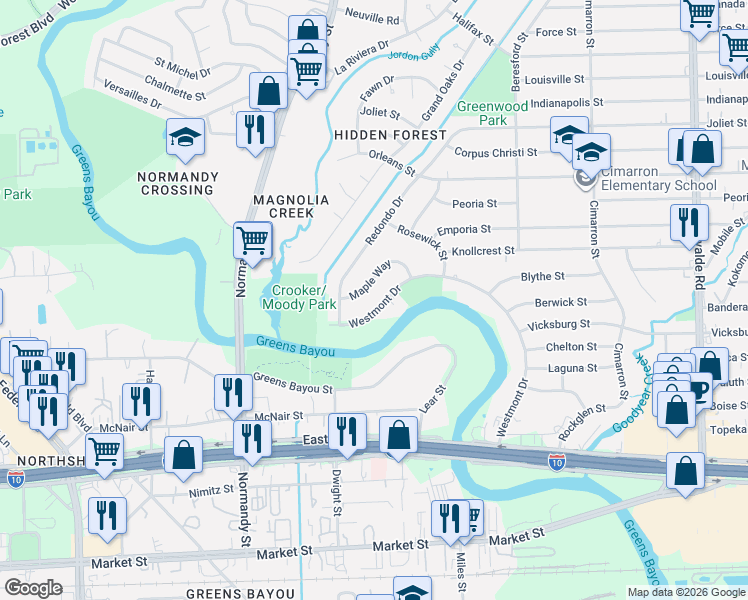 map of restaurants, bars, coffee shops, grocery stores, and more near 525 Westmont Drive in Houston