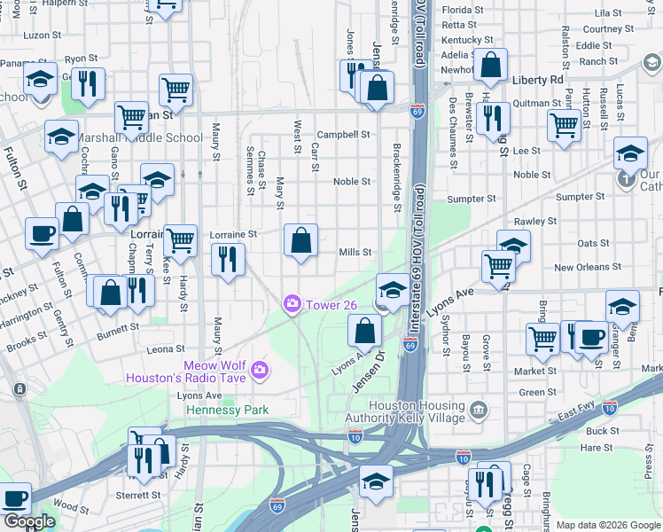 map of restaurants, bars, coffee shops, grocery stores, and more near 1618 Carr Street in Houston