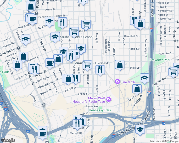 map of restaurants, bars, coffee shops, grocery stores, and more near 1701 Mop in Houston