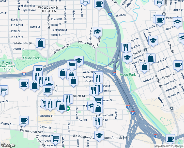map of restaurants, bars, coffee shops, grocery stores, and more near 1509 Alamo Street in Houston