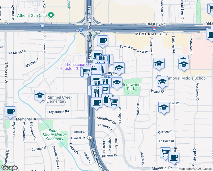 map of restaurants, bars, coffee shops, grocery stores, and more near 700 Town and Country Boulevard in Houston