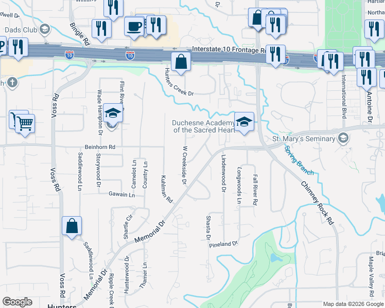 map of restaurants, bars, coffee shops, grocery stores, and more near 710 Creekside Lane in Houston