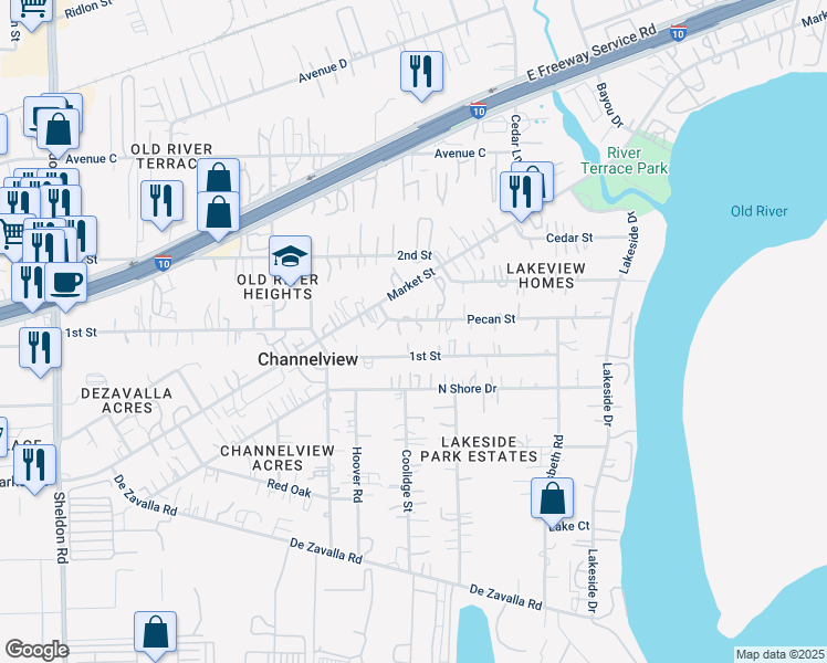 map of restaurants, bars, coffee shops, grocery stores, and more near 16309 1st Street in Channelview