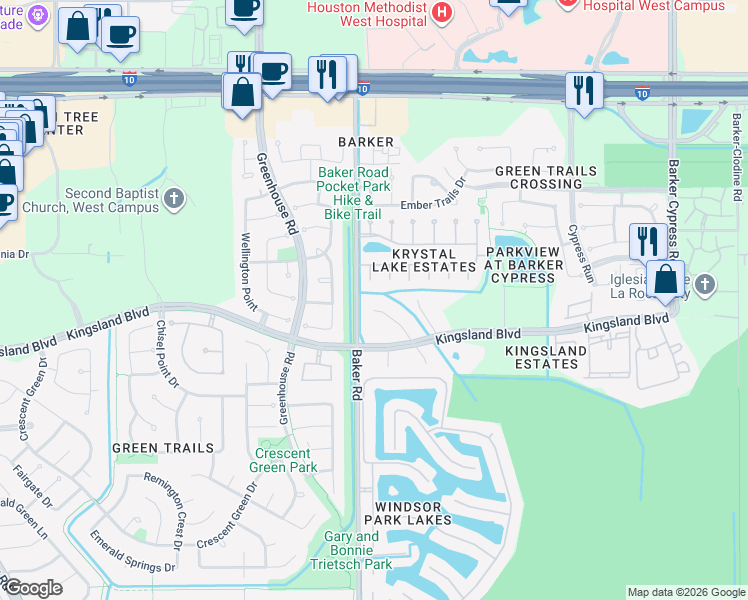 map of restaurants, bars, coffee shops, grocery stores, and more near 706 Kingsmark Drive in Houston