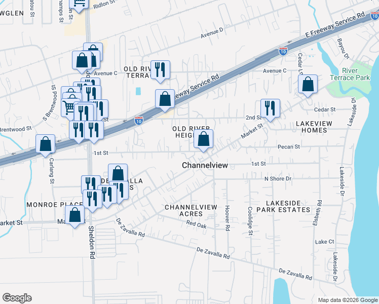 map of restaurants, bars, coffee shops, grocery stores, and more near 1st St & Crockett St in Channelview
