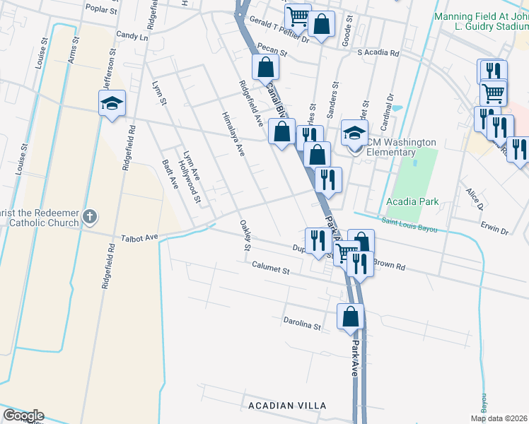 map of restaurants, bars, coffee shops, grocery stores, and more near 1801-1827 Oakley Street in Thibodaux