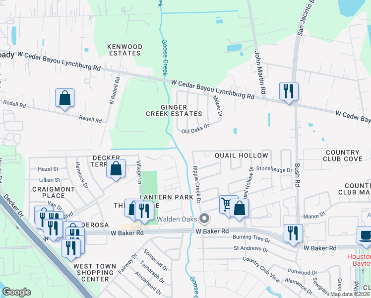 map of restaurants, bars, coffee shops, grocery stores, and more near 4812 Coachman Drive in Baytown