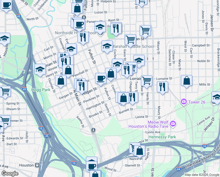 map of restaurants, bars, coffee shops, grocery stores, and more near 1113 Pinckney Street in Houston