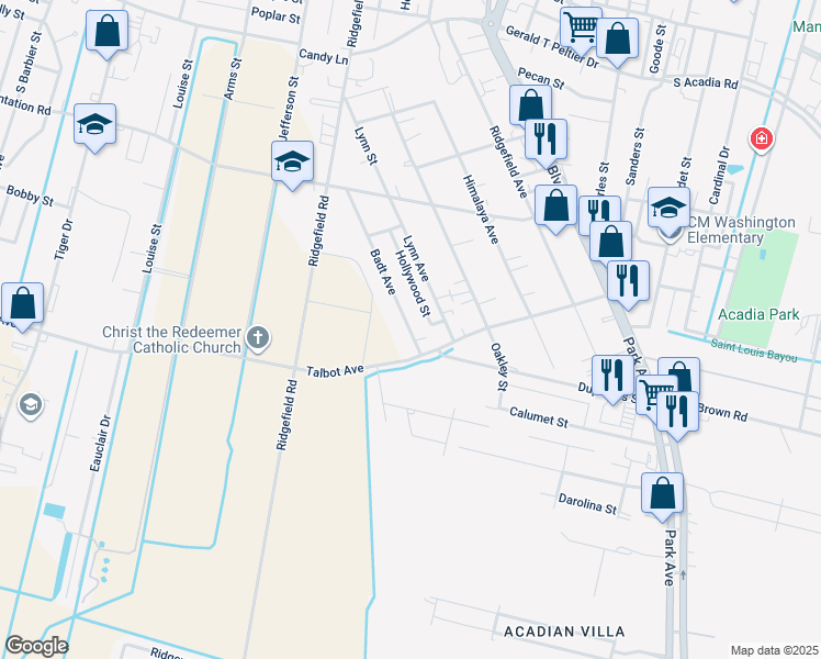map of restaurants, bars, coffee shops, grocery stores, and more near 1840 Badt Avenue in Thibodaux