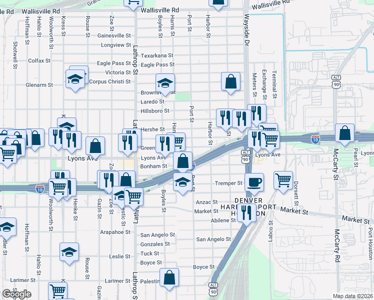 map of restaurants, bars, coffee shops, grocery stores, and more near 7237 Lyons Avenue in Houston