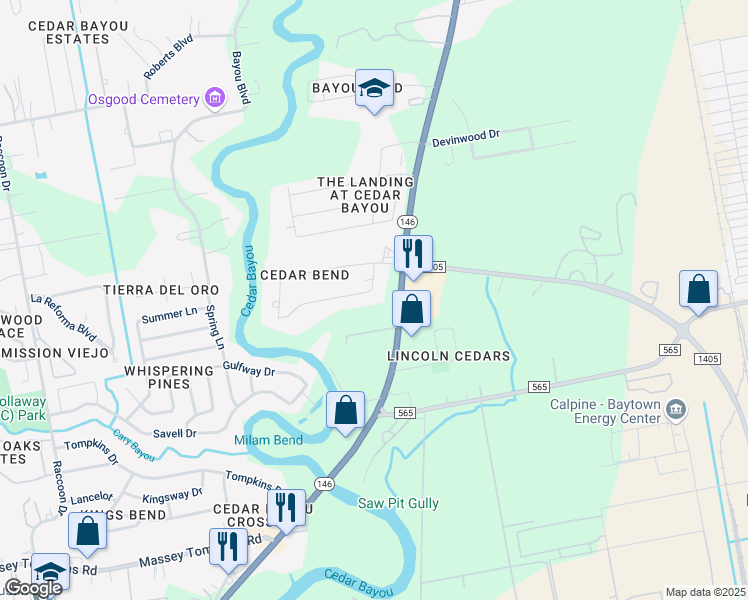 map of restaurants, bars, coffee shops, grocery stores, and more near 10014 Oak Leaf Drive in Baytown