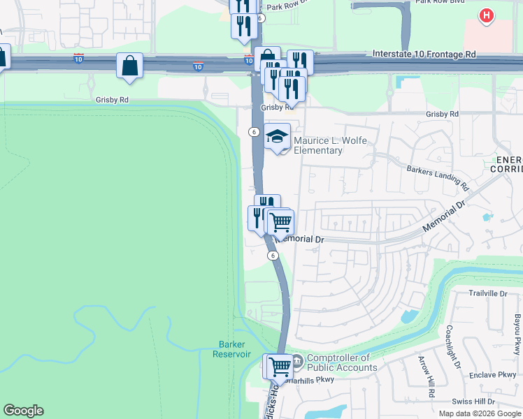 map of restaurants, bars, coffee shops, grocery stores, and more near South Texas 6 in Houston