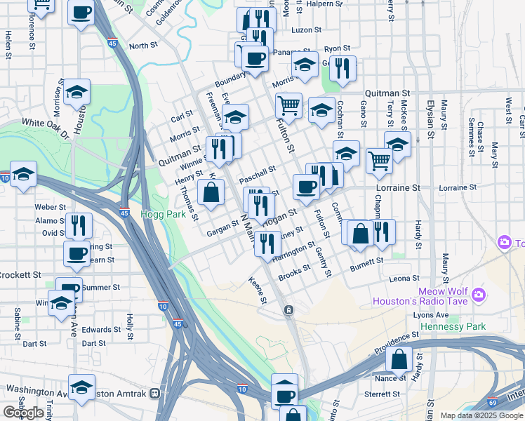 map of restaurants, bars, coffee shops, grocery stores, and more near 609 Hogan Street in Houston