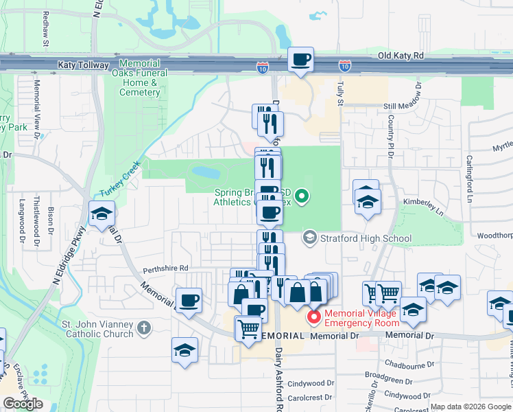 map of restaurants, bars, coffee shops, grocery stores, and more near 901 Dairy Ashford Road in Houston