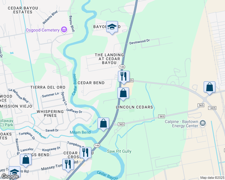 map of restaurants, bars, coffee shops, grocery stores, and more near 10014 Oak Leaf Street in Baytown