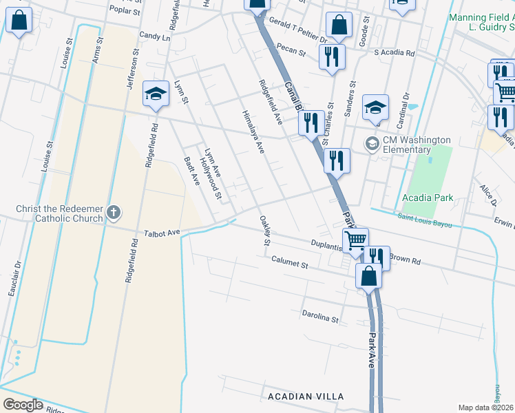 map of restaurants, bars, coffee shops, grocery stores, and more near 1801 Oakley Street in Thibodaux