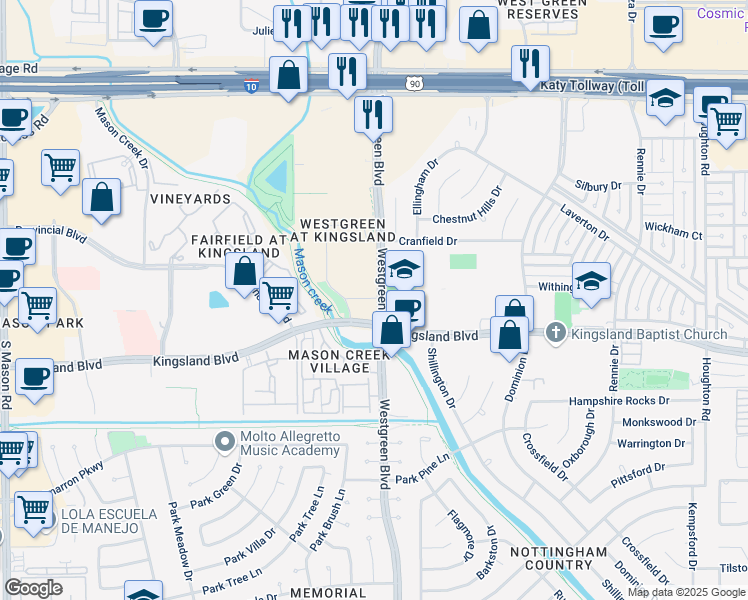 map of restaurants, bars, coffee shops, grocery stores, and more near 750 Westgreen Boulevard in Katy