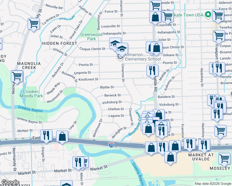 map of restaurants, bars, coffee shops, grocery stores, and more near 13221 Vicksburg Street in Houston