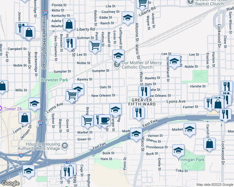 map of restaurants, bars, coffee shops, grocery stores, and more near 1604 Benson Street in Houston