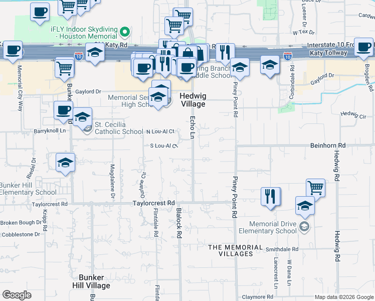 map of restaurants, bars, coffee shops, grocery stores, and more near 11503 Echo Hollow in Houston