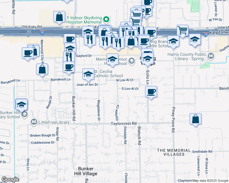 map of restaurants, bars, coffee shops, grocery stores, and more near 825 Ourlane Circle in Houston