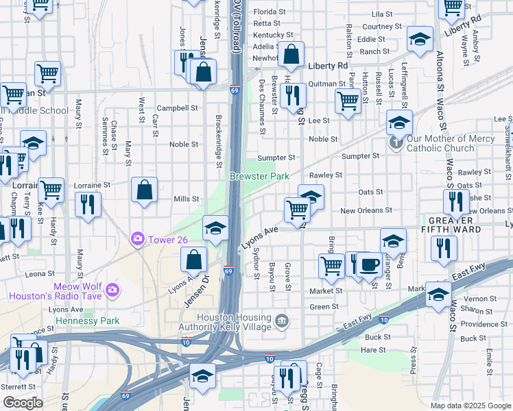 map of restaurants, bars, coffee shops, grocery stores, and more near 1619 Des Chaumes Street in Houston