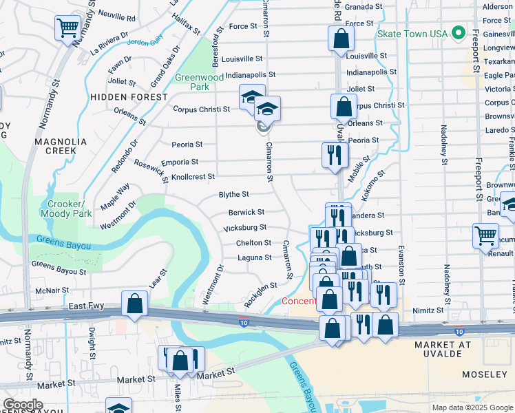 map of restaurants, bars, coffee shops, grocery stores, and more near 13221 Vicksburg Street in Houston