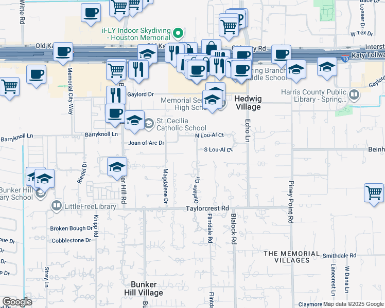 map of restaurants, bars, coffee shops, grocery stores, and more near 825 Ourlane Circle in Houston
