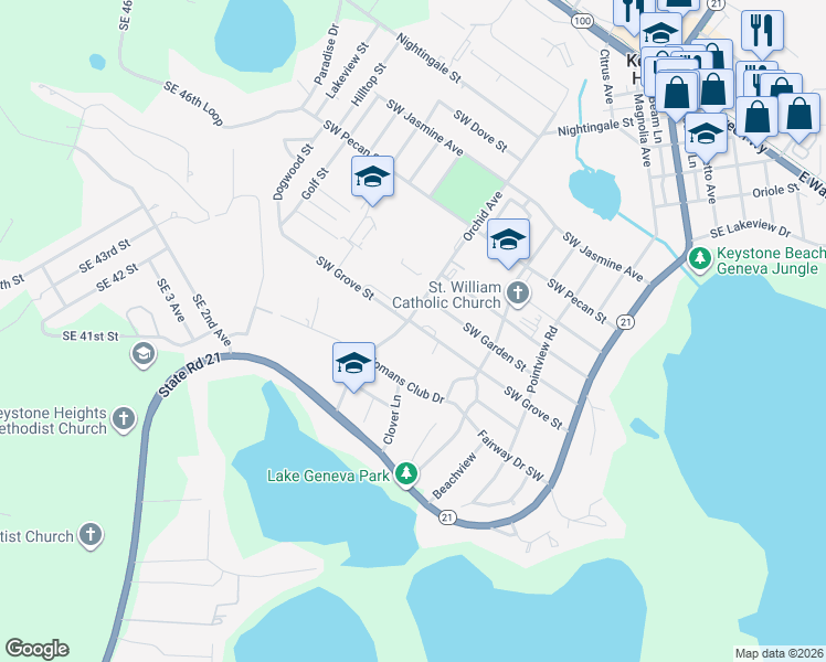 map of restaurants, bars, coffee shops, grocery stores, and more near 395 Southwest Grove Street in Keystone Heights