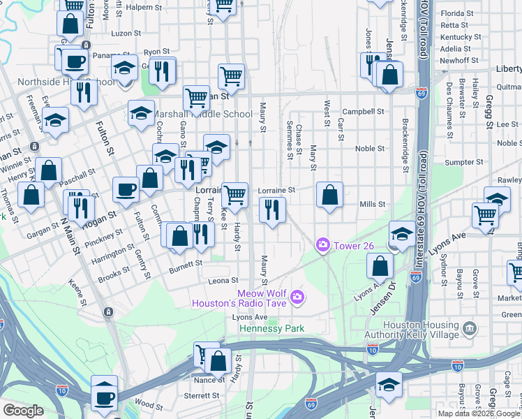 map of restaurants, bars, coffee shops, grocery stores, and more near 1802 Elysian Street in Houston
