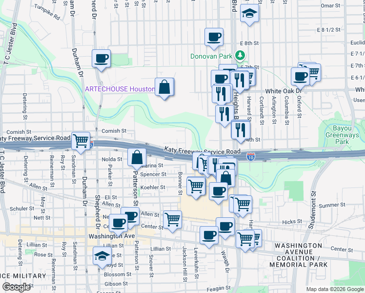 map of restaurants, bars, coffee shops, grocery stores, and more near 1912 Bonner Street in Houston