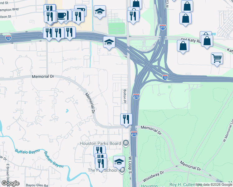 map of restaurants, bars, coffee shops, grocery stores, and more near 576 Trianon Street in Houston